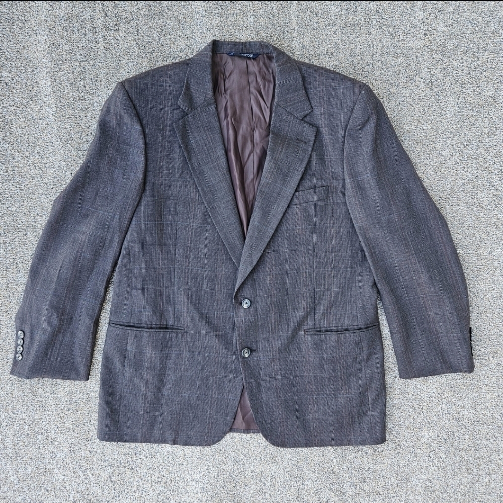 Vtg. Burberrys Plaid Blazer Dress Jacket Virgin Wool Brown Gray Mens Suit Large